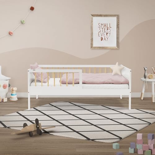 Miniatura 8 de Ml-Design Cama Infantil Individual Blanco-Natural 70x140cm Madera De Pino Maciza Con Somier De Láminas Y Protección Anticaída Diseño Creativo Estructura Robusta Mueble De Dormitorio Para Niños Bebés