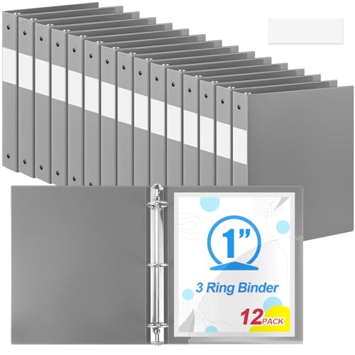 Image of Skyygemm 12 Pack 1 Inch 3 Ring Plastic Binders, Bulk Flexible PP Binders for Classroom & School Supplies, Letter Size 8.5 x 11, Holds 240 Sheets with Interior Pocket (Gray)