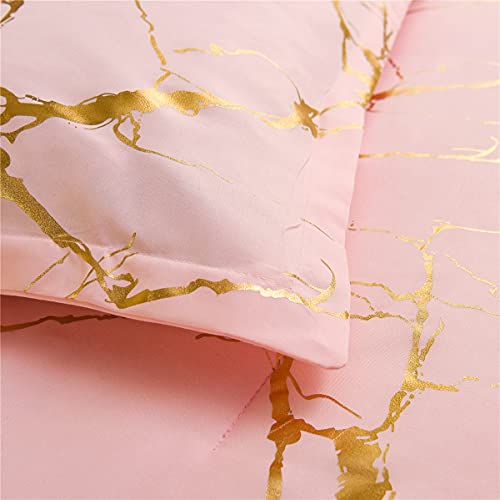 Holawakaka Gold Metallic Marble Comforter Set Queen Size Foil Print Glittering Bedding Sets, Blush/Gold, Queen #TOP7