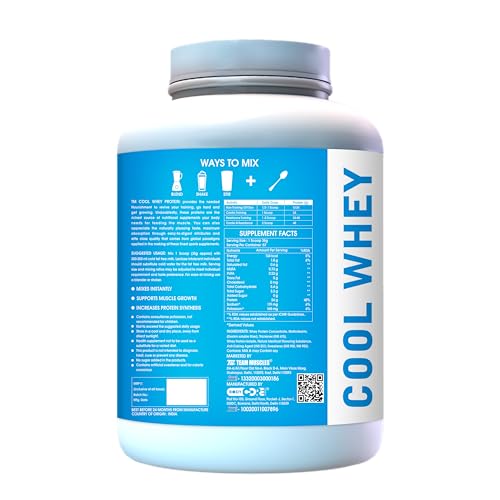 Image of Team Muscles Cool Whey 100% Whey Protein Powder, 2 kg (4.4 lbs) | 24 g Protein, 5.5 g BCAA Per Scoop | Zero Added Sugar | Vanilla | 57 Servings | Vegetarian | For Muscle Growth & Recovery