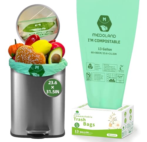 BPI Certified Compostable Trash Bags 13Gallon (30 Count) - 3X Thicker Than Regular Leak & Tear Resistant for Kitchen/Garden/Food Waste 90-Day Breakdown in Home/Industrial Use 0.91mils Plant-Based
