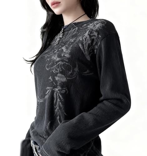 Image of Womens Y2K Gothic Graphic Ribbed Sweatshirts Vintage Punk Long Sleeve Tops Grunge Streetwear Going Out Clothes