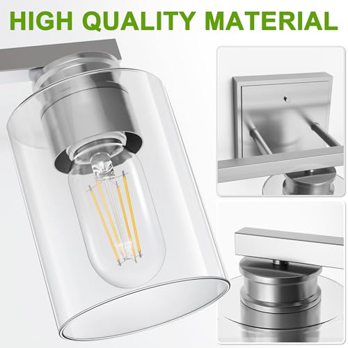 Image of L LOHAS LED 3-Light Bathroom Light Fixtures Over Mirror, 17.7-Inch Nickel Bathroom Vanity Light with Clear Glass Shade, Modern Vanity Lights for Bathroom Hallway Living Room Bedroom, E26, UL Listed