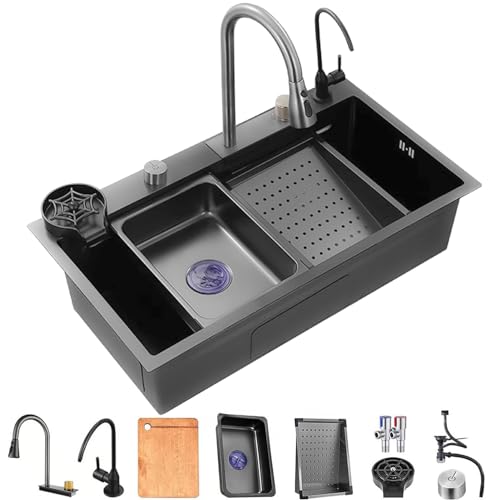 Fregadero de cocina de acero inoxidable 304 blanco con diseño de cascada nano grifo extraíble de un solo tazón tamaño 75 x 45 cm, incluye colador de drenaje y accesorios