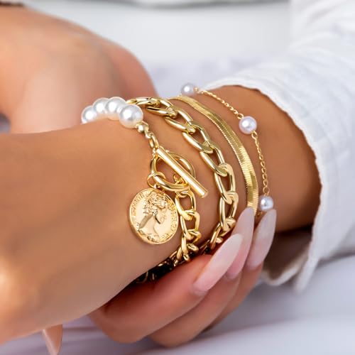 Chunky Gold Bracelets for Women Trendy Stacked Chunky Pearl Bracelets Golden Pearls OT Clasp Bracelet Chain Portrait Pendant Bracelet Gold and Pearl Pirates Jewelry Set3