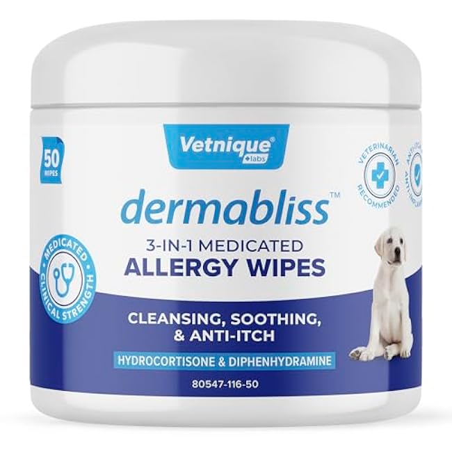 Vetnique Dermabliss 3-in-1 Medicated Dog Wipes - Relief for Itchy Skin, Allergies & Odor Control, Gentle No-Sting Formula, Antihistamine & Hydrocortisone Paw Wipes for Dogs & Cats 50 Count-sPYRsQHE