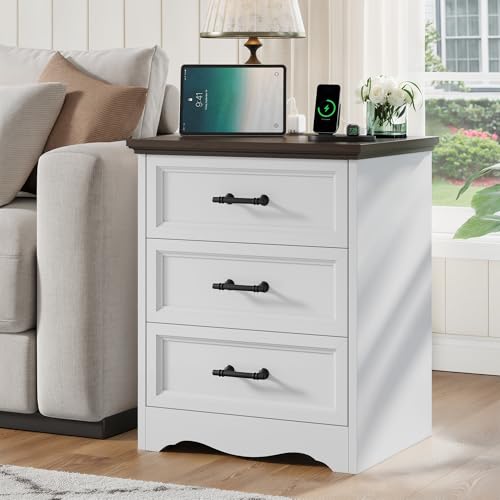 Image of Bedroom Set, 3 Pieces Bedroom Furniture Set, Wood 10 Drawer Dresser and 3 Drawers Nightstands with Charging Station, Farmhouse Storage Organizer Cabinet for Bedroom, White