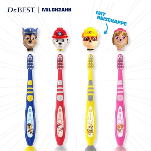 Dr.BEST Paw Patrol mit Reisekappe Zahnbürste, Weich (1 Stück), weiche Borsten und kindgerechter Griff, zufällige Farbe und Charakter, Farbe kann nicht ausgewählt werden