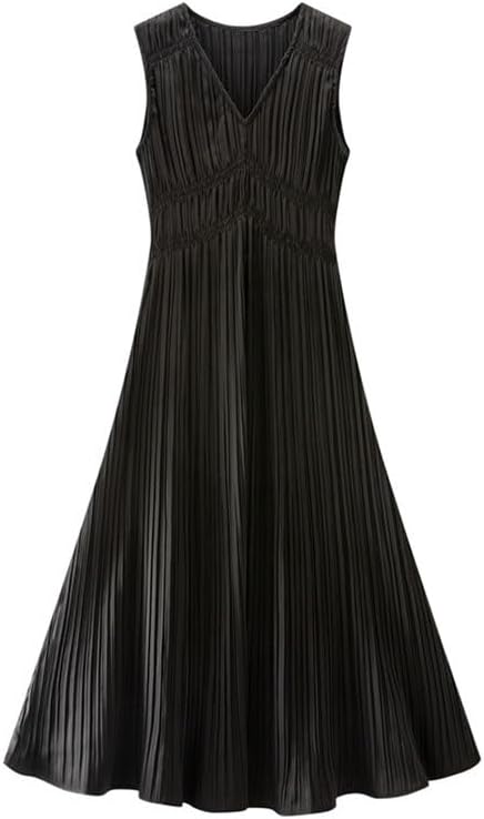 JSEIAJB Elegant Pleated Beach Maxi Dress Sleeveless Tank Mid-Waist Polyester Casual Chic Dress(D)