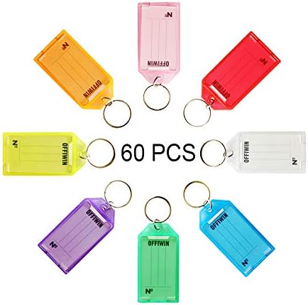 OFFIWIN 60 PCS Plastic Key Tags Keys Identifier ID Labels with Split Ring Label Window, Assorted Colors in one PET Jar