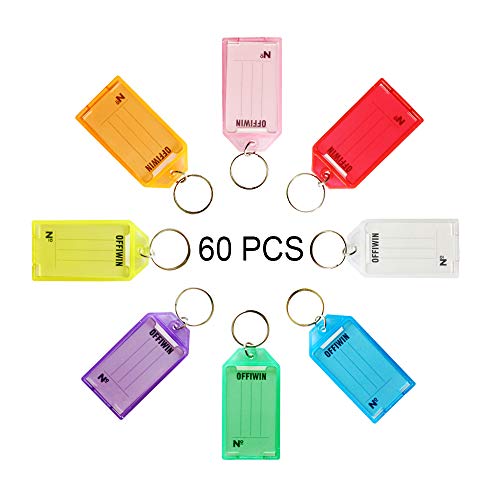 Offiwin 60 Pcs Plastic Key Tags Keys Identifier Id Labels With Split Ring Label Window, Assorted Colors In One Pet Jar #TOP25