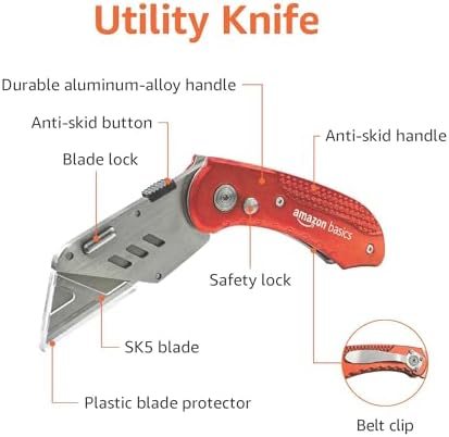 Amazon Basics Folding Utility Knife Box Cutter with Back-lock Mechanism, Portable Lightweight Aluminum Handle, Red - 1