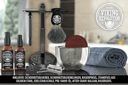 Viking Revolution - Luxus Rasierset Für Manner - Sicherheitsrasierer mit Doppelter Schneide, Ständer, Schale, After-Shave-Balsam, Pre-Shave-Öl, Dachs-Bürste, Rasierhobel Herren - Geschenke Für Männer