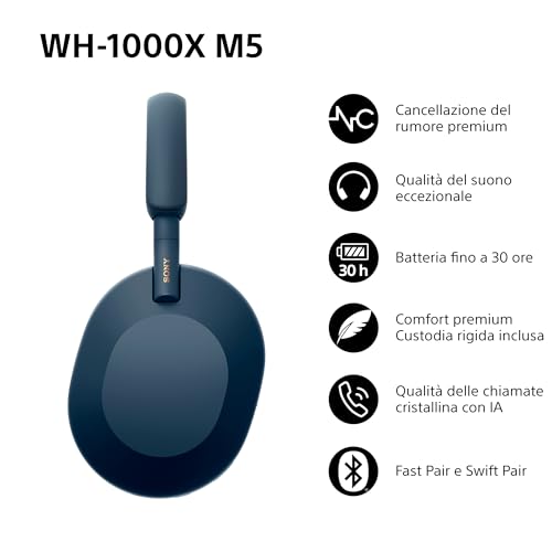 Sony WH-1000XM5 Cuffie Wireless, Noise Cancelling, Bluetooth, chiamate chiare, alta risoluzione, audio 360 Reality, batteria 30 ore, ricarica rapida, Alexa, Assistente Google, iOS, Android - Blu Notte - 2
