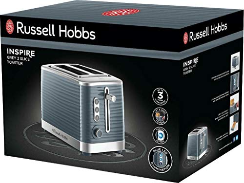 Russell Hobbs Inspire 2 Slice Toaster (Extra wide slots, High lift feature, 6 Browning levels, Frozen/Cancel/Reheat function with Blue LED illumination, 1050W, Grey textured high gloss) 24373