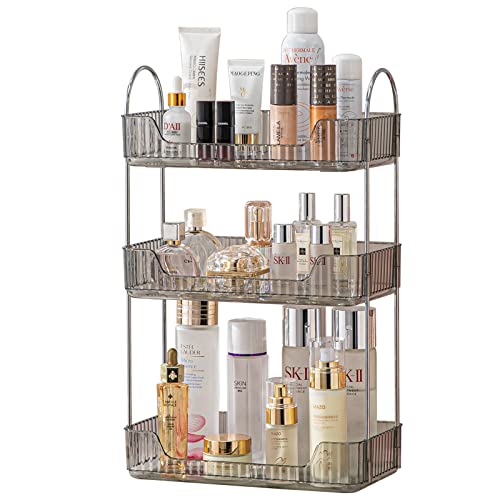 Bathroom Counter Organizer Countertop Storage, Cosmetics Skincare Shelf Organizer, Makeup Organizer Perfume for Dresser Vanity Tray, Spice Rack Organizer for Kitchen (3 Tier- Gray)