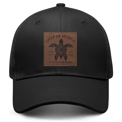 Gulf of Mexico Established 1550 Hat Sea Turtle Lover Gifts Trucker Leather Patch Adjustable Mesh Caps for Men Women 6 Panel Baseball Cap with Snapback Enclosure