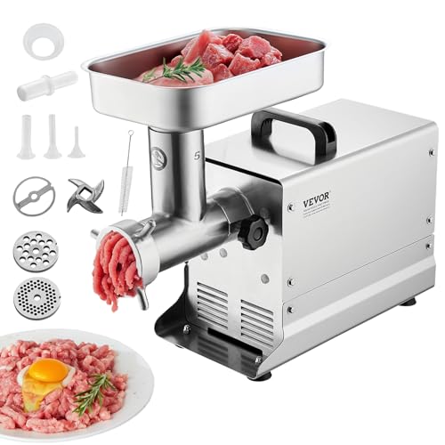VEVOR Picadora de Carne Eléctrica Industrial de Encimera, Capacidad de 2,27 kg/Min, con Cuchilla, Placa Molienda, para Hacer Salchichas, Acero Inoxidable, para Cocina y Restaurante, 443 x 220 x 370 mm