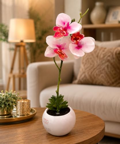 Image of LE'SIJA DECORATIONS Artificial Orchid Plant, 35cm Pink Silk Flowers Real Touch Latex Petals, 4 Bloom Heads in White Plastic Pot for Home, Wedding, Office, Tabletop Decor (Orange)