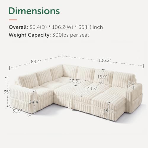 Image of HONBAY Plush Corduroy Modular Sectional Sofa with Pull Out Bed, Convertible U Shaped Couch with Storage,Sleeper Sectional Couches for Living Room,Plush Beige