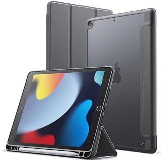 JETech Etui Matowe dla iPad 9/8/7 (10,2 Cala, Model 2021/2020/2019, 9./8./7. Generacji) z Pencil Uchwyt, Matte Półprzezroczysta Tyłna Obudowa Slim Stojak Ochronny Case (Czarny)