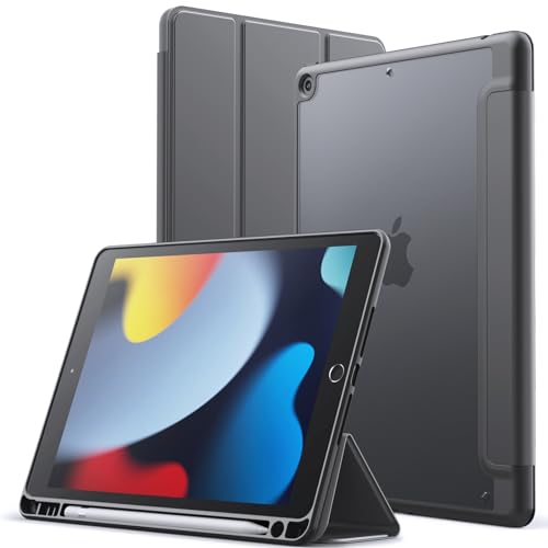 JETech iPad 9/8/7 マットケース(10.2インチ、 2021/2020/2019モデル、 第9/8/7世代用)Pencilホルダー つや消しの半透明の背面 薄型 スタンド 保護 タブレットカバー (スペースグレイ)
