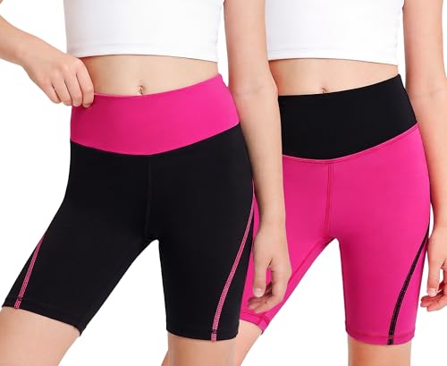 Baogaier Radlerhose für Mädchen 2er-Pack Elastisch Activewear Shorts Sommer Turnhose Kurze Leggings Atmungsaktiv Sporthose Caprihose für Sport Gym Tanzen Gymnastik 12-13 Jahre Schwarz+Rosarot