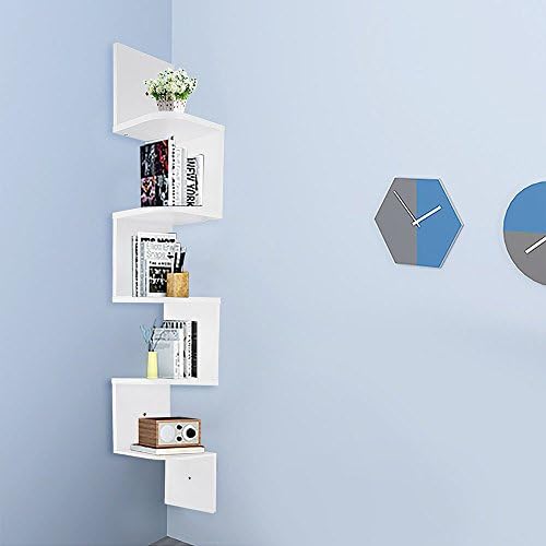ReaseJoy 5 Tiers Zig Zag Wall Corner Shelf Unit Wall Mounted Wood Shelving Bookcase Storage Display Organizer with Gradienter White