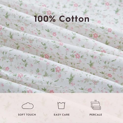 Image of Laura Ashley - Twin Size Sheet Set, Crisp & Lightweight Cotton Percale Bedding with Fitted Sheet and Pillowcase, Floral Room Decor, Deep Pocket, College Dorm Room Essentials (Evie Pink)