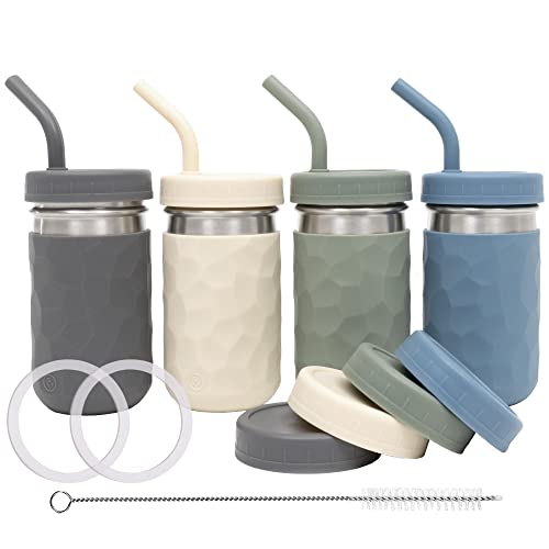 Image of WeeSprout 2-in-1 Drinking Cups for Kids, Durable Stainless Steel Tumbler for Smoothies, Silicone Straws with Stoppers, Premium Plastic Twist Lids, Easy-Grip Sleeves, Set of 4 Dishwasher Safe Kid Cups