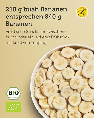 BUAH® Gefriergetrocknete Bio Bananen | Bananen Chips Als Snack Oder Für Smoothies | Idealer Süßigkeiten Ersatz | Vegan & ohne Zuckerzusatz | 210g