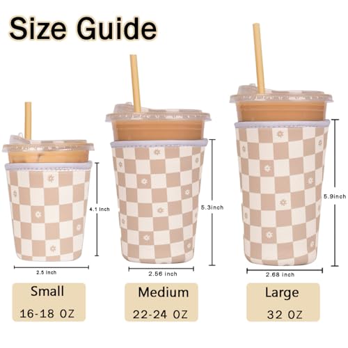 Image of Reusable Insulated Sleeve for Iced Coffee Cup, Coffee Neoprene Sleeve for Cold & Hot Drinks, Beverage Holder for Iced Coffee (Floral Checkers, Medium: 22-24oz)