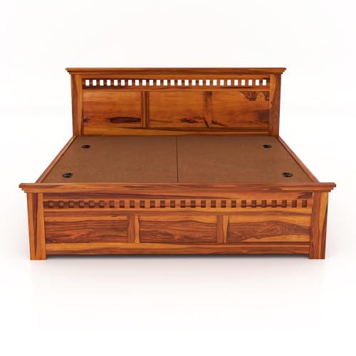 Image of Sheesham Wood Adolph King Size Bed with Box Storage for Bedroom Living Room Wooden Double Bed Palang (Honey Finish)