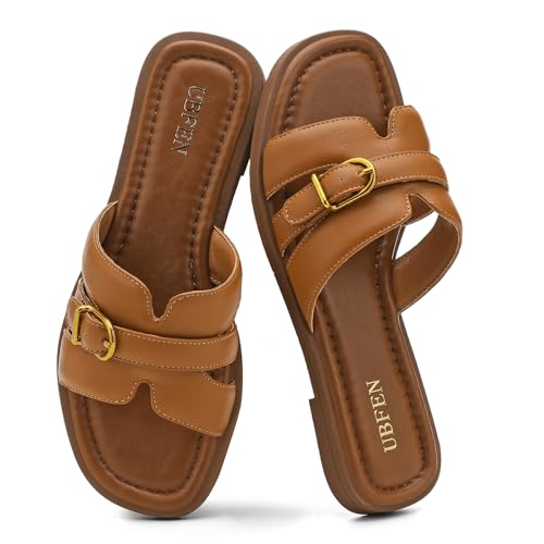 Image of UBFEN Womens Square Toe Flat Sandals Slides Dressy Comfortable for Beach