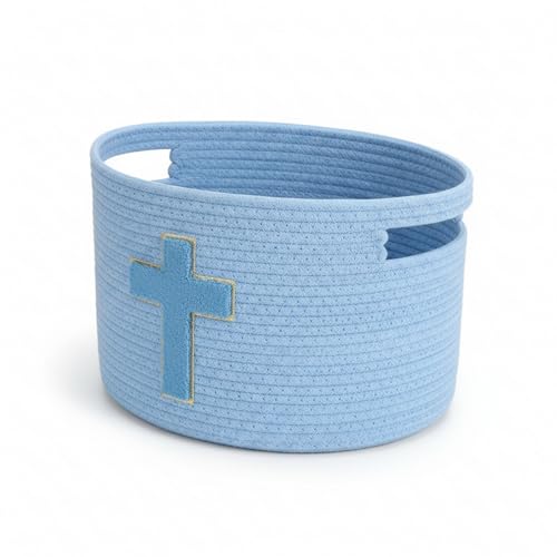 Sliner Christian Gifts Basket with Handles, Christian Cross Design Cotton Rope Basket Gifts Stuffers Storage for Christenings Religious Christmas Occasions, 15 x 10 x 9 Inch(Blue) by Sliner - Used condition - Image 2