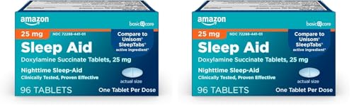 Amazon Basic Care Nighttime Sleep Aid Tablets for Adults, Doxylamine Succinate 25 mg, 96 Count (Pack...