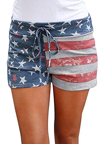 July 4th Womens Beach Cotton Stars Striped Summer American Flag Shorts with Drawstring Patriotic USA S