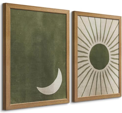 Sage Green Boho Wall Art Set of 2, Wood Framed