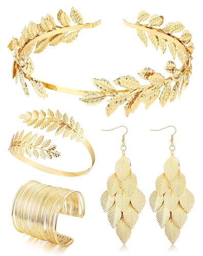 CASSIECA 4 Piezas Disfraz Diosa Griega Mujer, Accesorios Diosa Griega para Mujeres Diadema de Corona Hoja Laurel Dorado Greek Goddess Bisuteria Joyería para Fiesta