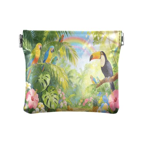 Monedero de piel sintética suave, cierre de resorte con forro polar para tarjetas, joyas, llaves, uso diario (patrón de loro bajo un arco iris tropical)