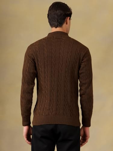 Image of Kvetoo Men's Wool High Neck Zipper Sweater, Full Sleeve Cable Knit Quarter Zip Winter Pullover