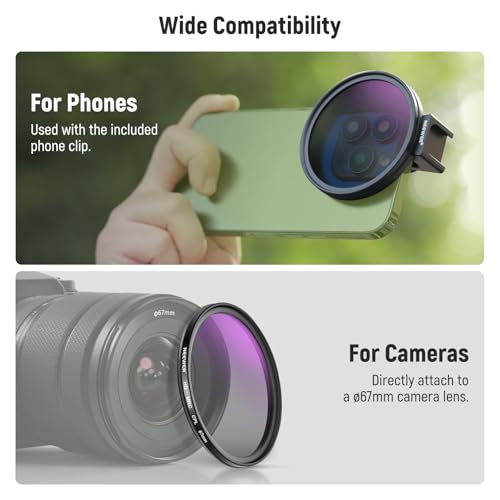 NEEWER 67mm CPL Filter für Telefon, 67mm HD Polarisationsfilter und Kaltschuh-Handyclip, inklusive Tragetasche und Objektiv-Reinigungstuch kompatibel mit Galaxy S24 Serie, iPhone 16 15 Pro Max 14 Pro