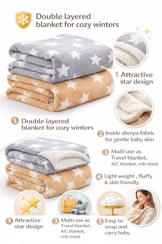 Image of BRANDONN Fleece New Born All Season Ultrasoft Single Baby Blanket for Babies (Beige /Grey, Pack of 2, Reversible)