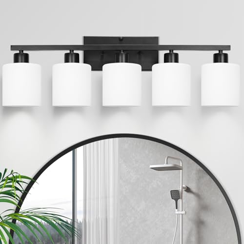 Image of SILAMPDI Black Bathroom Light Fixtures Over Mirror, 5-Light Vanity Lights for Bathroom, Modern Wall Sconces Lighting for Bedroom Living Room, Milky White Glass Shades, E26 Base, Bulbs Not Included