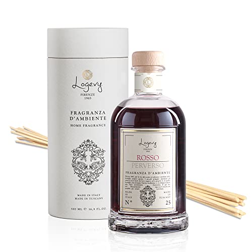 Logevy Firenze 1965 Rosso Perverso – Perverse Red Luxury Home Fragrance Diffuser from Master Perfumer in Italy with Floral & Fruity Notes in Elegant Glass Bottle with 12 Natural Bamboo Reeds – 500ml