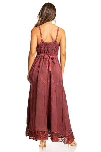 Image of Sakkas Stonewashed Rayon Embroidered Adjustable Spaghetti Straps Long Dress