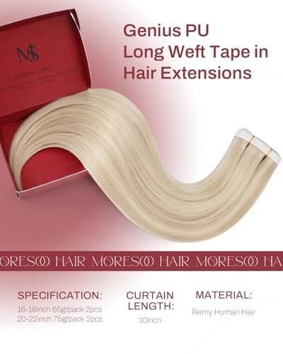 Image of Moresoo Blonde Tape in Weft Human Hair Extensions, 16 Inch, 65g, 2pcs | Ash Blonde Mix Bleach Blonde, Genius Weft Tape in Extensions, Wide Tape Weft, Remy Human Hair, Seamless Natural Blend