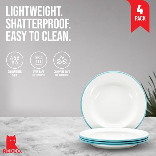 Red-Co-Set-of-4-Enamelware-Metal-Classic-8-Round-Salad-Plate-Solid-WhiteTeal-Rim Red Co Set of 4 Enamelware Metal Classic 8 Round Salad Plate Solid WhiteTeal Rim