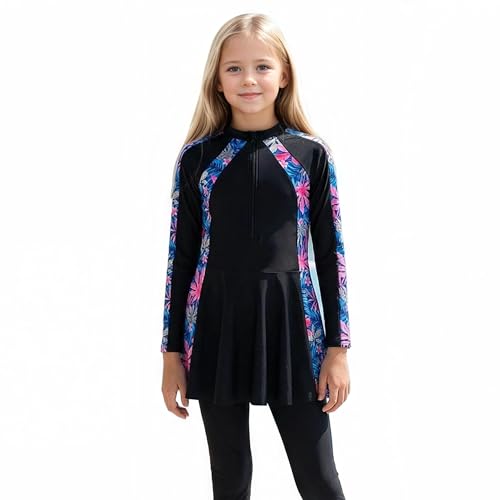 CasRmia Girls Long Sleeve Rash Guard Swimsuit Swimming Top Pants 2 Piece UPF 50+ Sun Protection Bathing Suit (UAE/KSA Age 12 Years Regular Black)