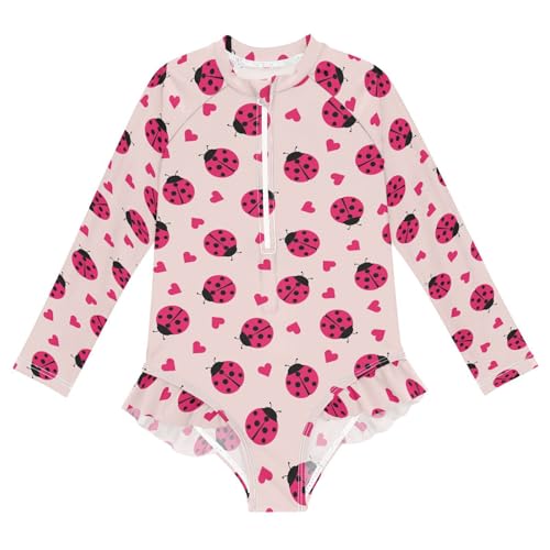 Girls Swimsuits Long Sleeve Bathing Suits Ladybug Hearts UPF 50+ Sun Protection Swimwear 3-12 Years